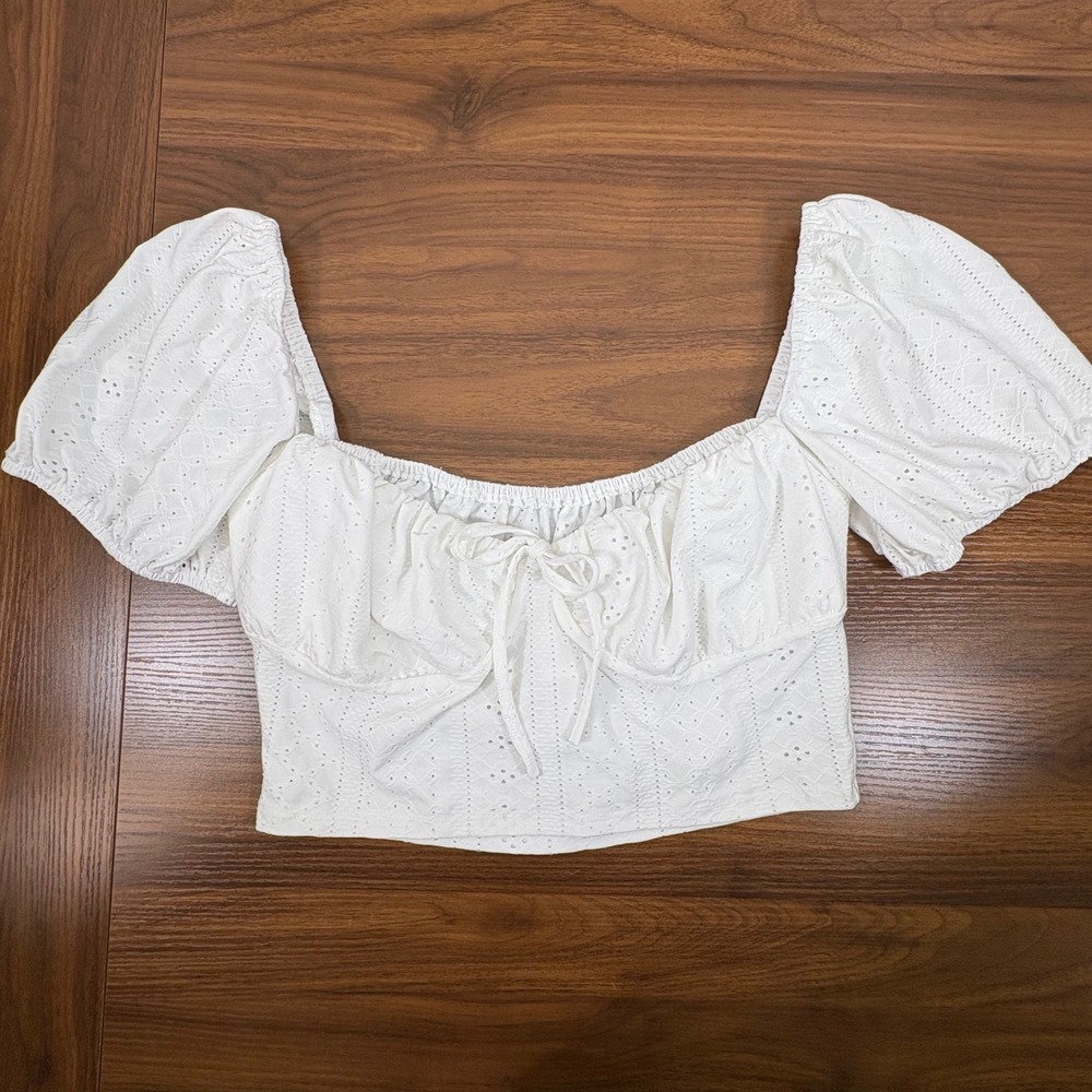 Wild Fable Eyelet Crop Top Womens Medium White Puff Sleeve Milkmaid Cottagecore